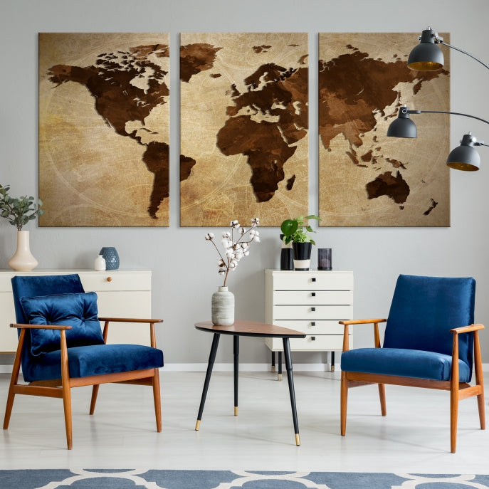 Stained Brown Watercolor World Map Print Framed Canvas Wall Art