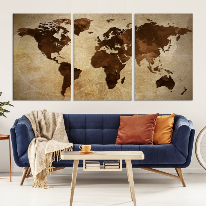 Stained Brown Watercolor World Map Print Framed Canvas Wall Art