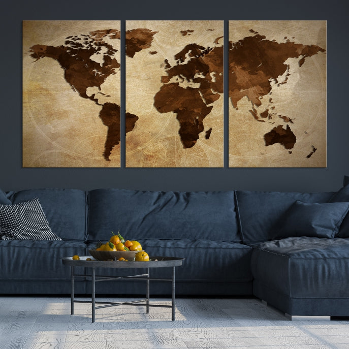 Stained Brown Watercolor World Map Print Framed Canvas Wall Art