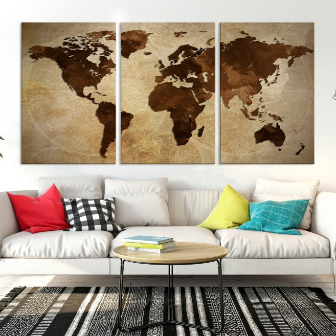 Stained Brown Watercolor World Map Print Framed Canvas Wall Art