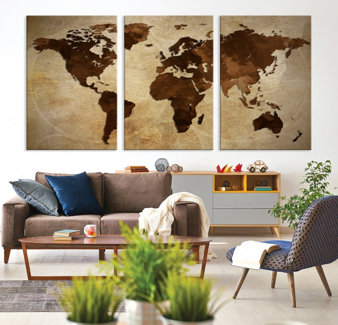 Stained Brown Watercolor World Map Print Framed Canvas Wall Art