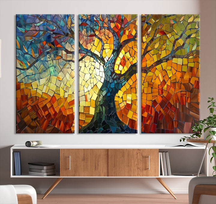 Stained Glass Celestial Tree Printed Wall Art Framed Canvas Print Modern Wall Decor