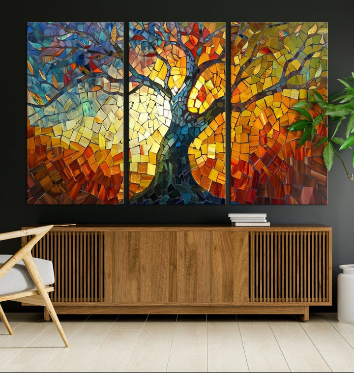 Stained Glass Celestial Tree Printed Wall Art Framed Canvas Print Modern Wall Decor