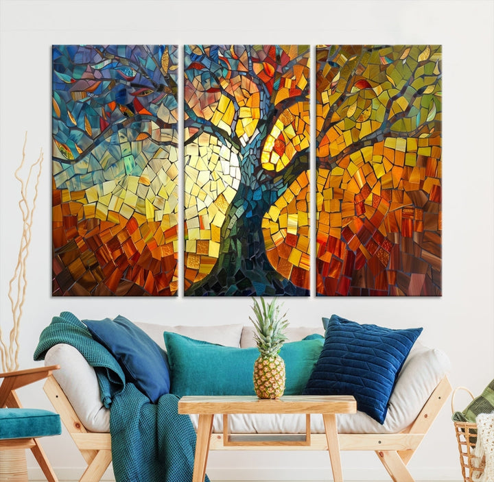 Stained Glass Celestial Tree Printed Wall Art Framed Canvas Print Modern Wall Decor