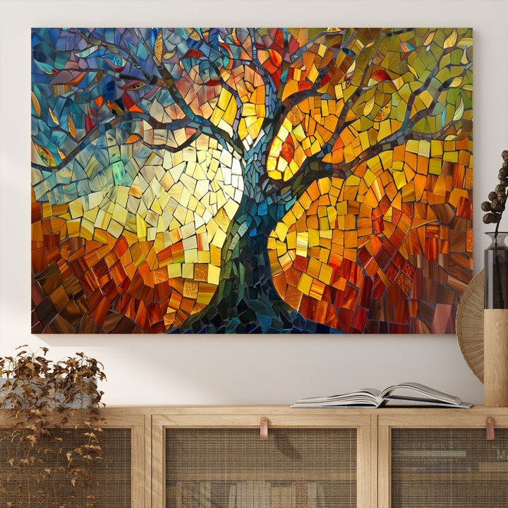 Stained Glass Celestial Tree Printed Wall Art Framed Canvas Print Modern Wall Decor