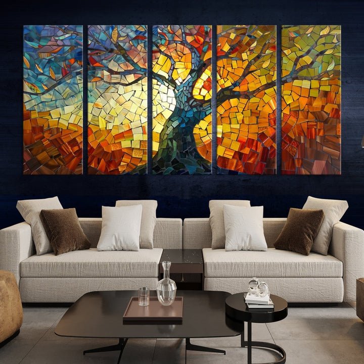 Stained Glass Celestial Tree Printed Wall Art Framed Canvas Print Modern Wall Decor