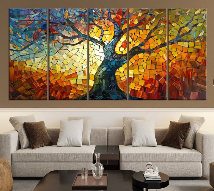 Stained Glass Celestial Tree Printed Wall Art Framed Canvas Print Modern Wall Decor