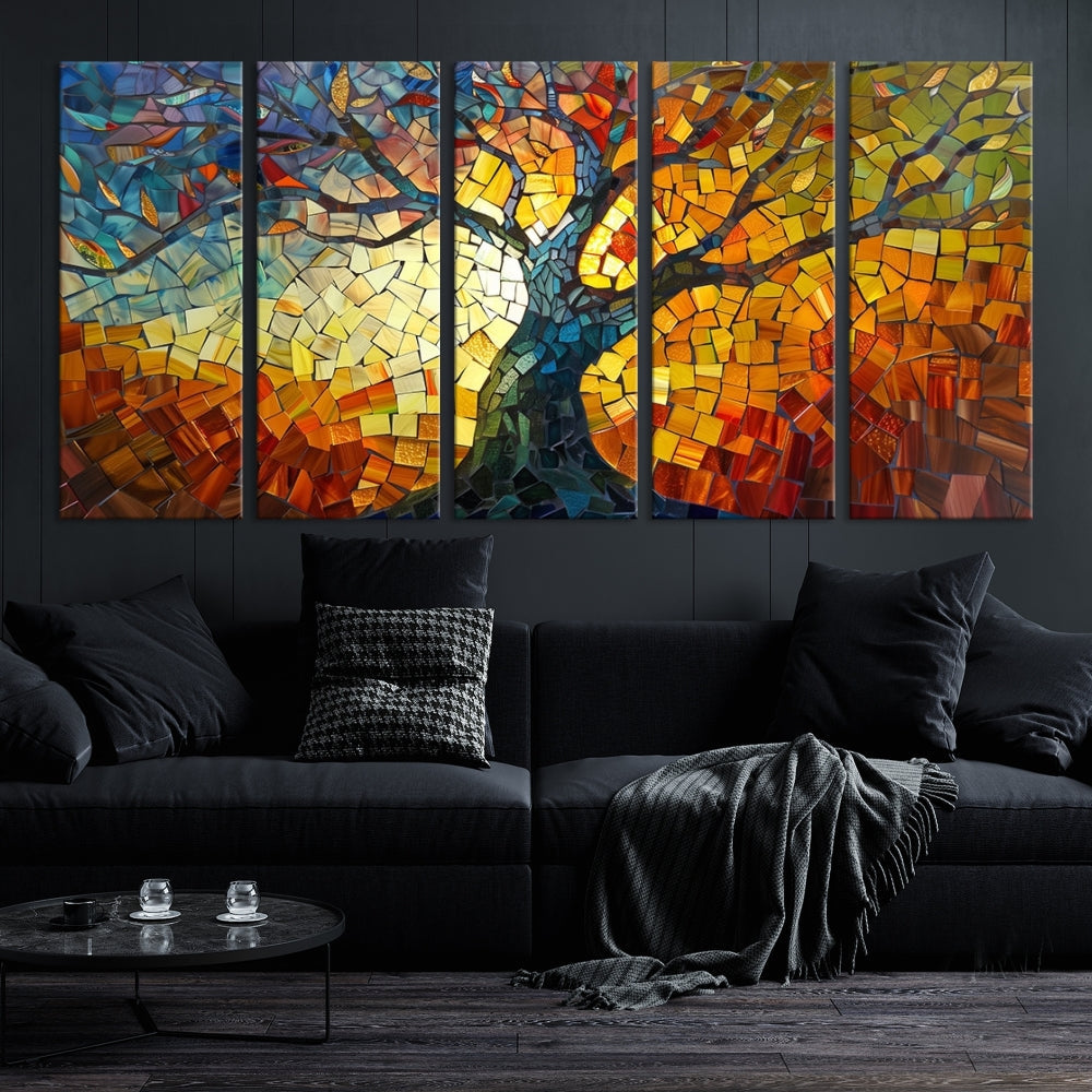 Stained Glass Celestial Tree Printed Wall Art Framed Canvas Print Modern Wall Decor