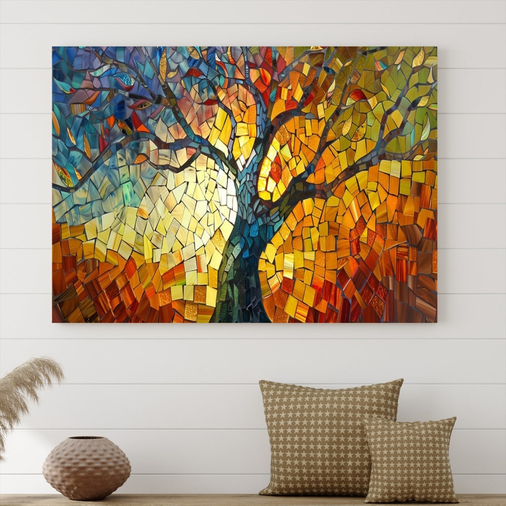 Stained Glass Celestial Tree Printed Wall Art Framed Canvas Print Modern Wall Decor