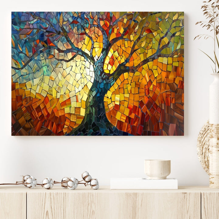 Stained Glass Celestial Tree Printed Wall Art Framed Canvas Print Modern Wall Decor