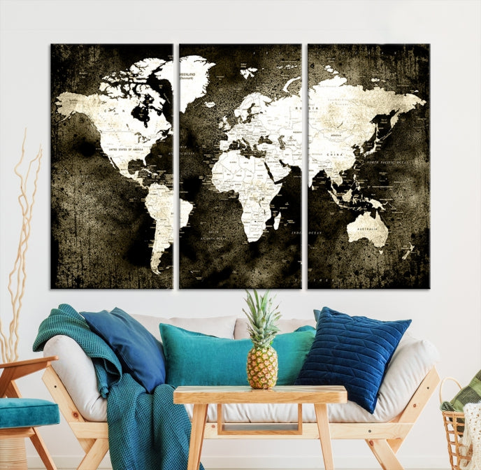 Stained Old Stye World Map Push Pin Travel Map Canvas Wall Art Print