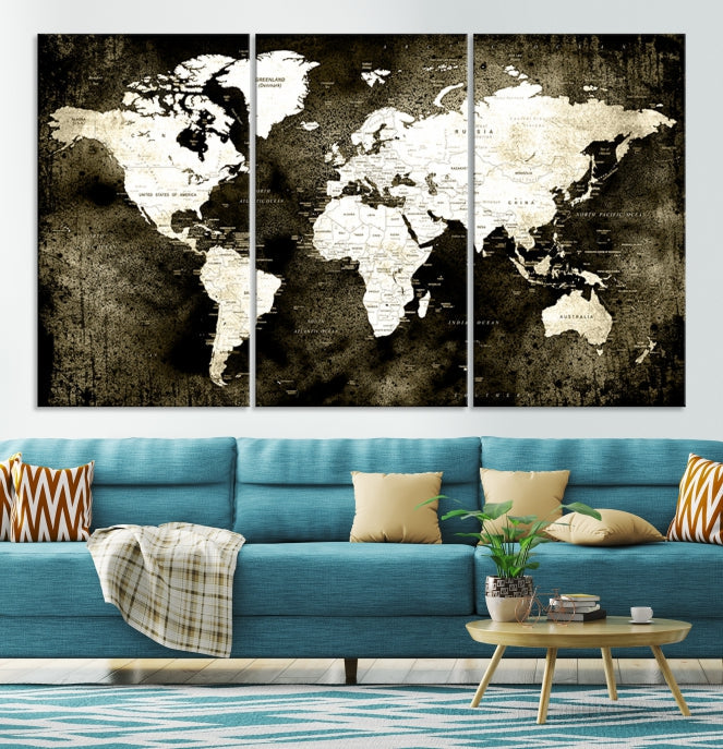 Stained Old Stye World Map Push Pin Travel Map Canvas Wall Art Print