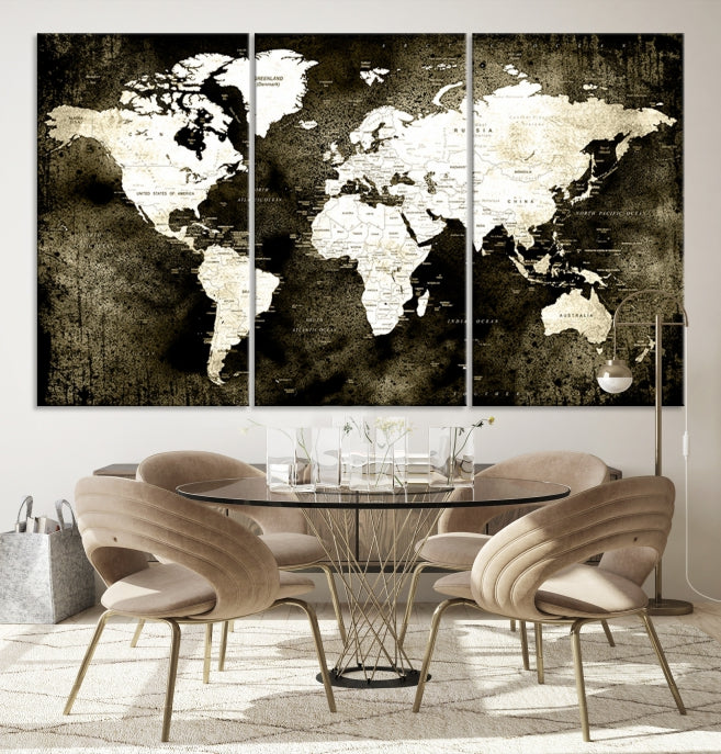 Stained Old Stye World Map Push Pin Travel Map Canvas Wall Art Print