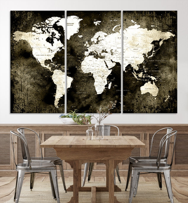 Stained Old Stye World Map Push Pin Travel Map Canvas Wall Art Print