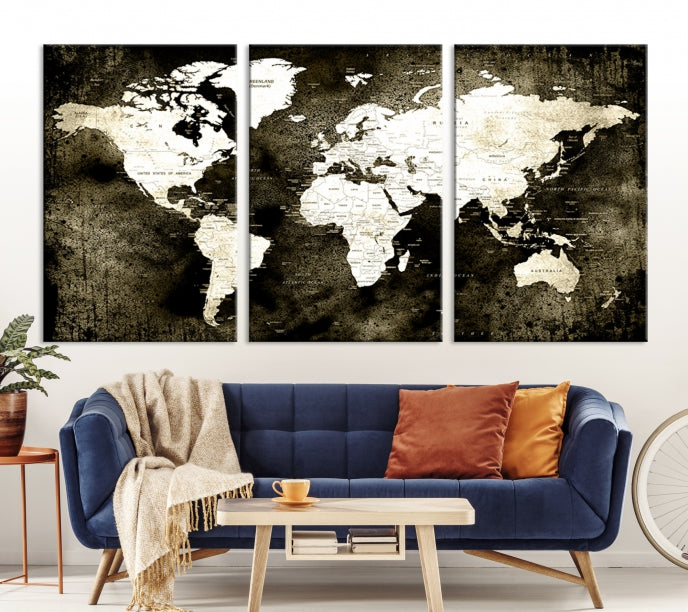 Stained Old Stye World Map Push Pin Travel Map Canvas Wall Art Print