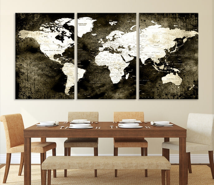 Stained Old Stye World Map Push Pin Travel Map Canvas Wall Art Print