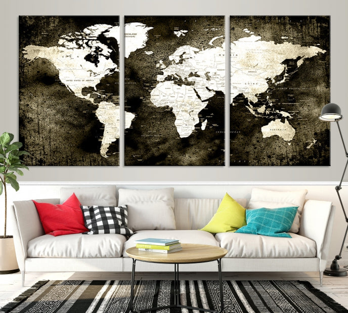 Stained Old Stye World Map Push Pin Travel Map Canvas Wall Art Print