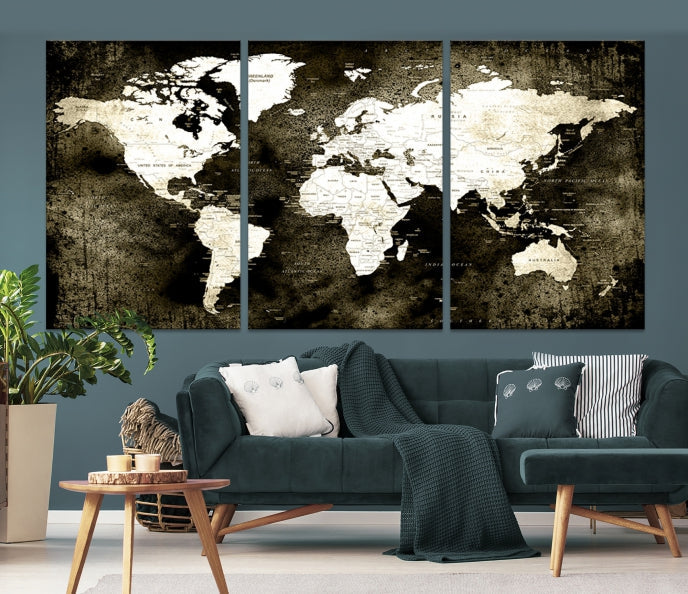 Stained Old Stye World Map Push Pin Travel Map Canvas Wall Art Print