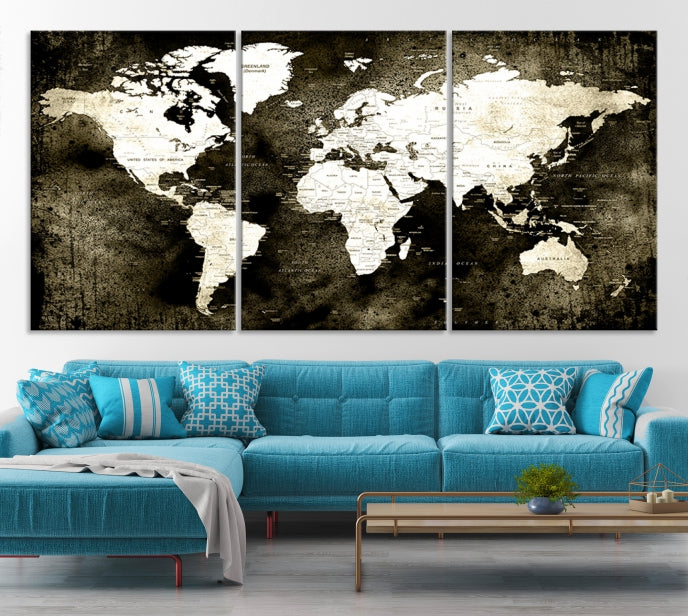 Stained Old Stye World Map Push Pin Travel Map Canvas Wall Art Print