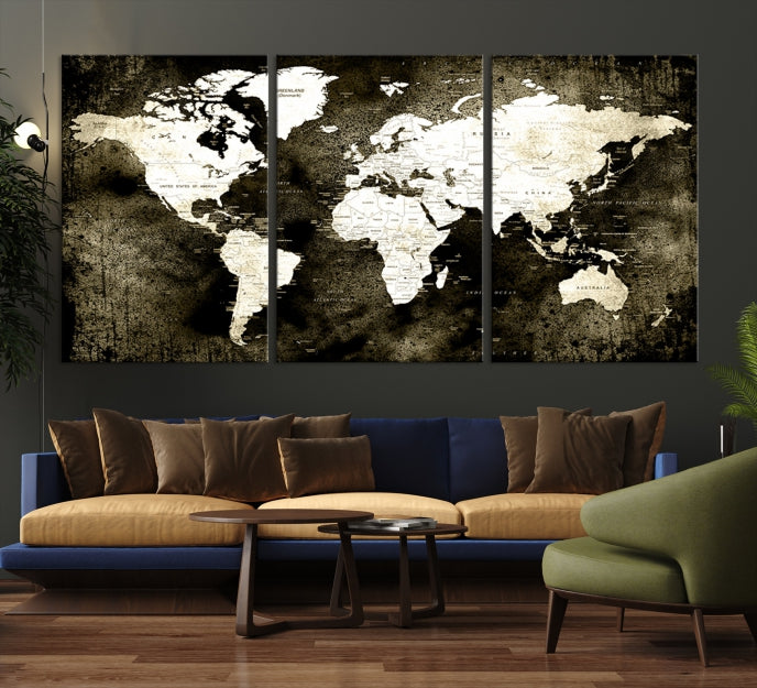 Stained Old Stye World Map Push Pin Travel Map Canvas Wall Art Print