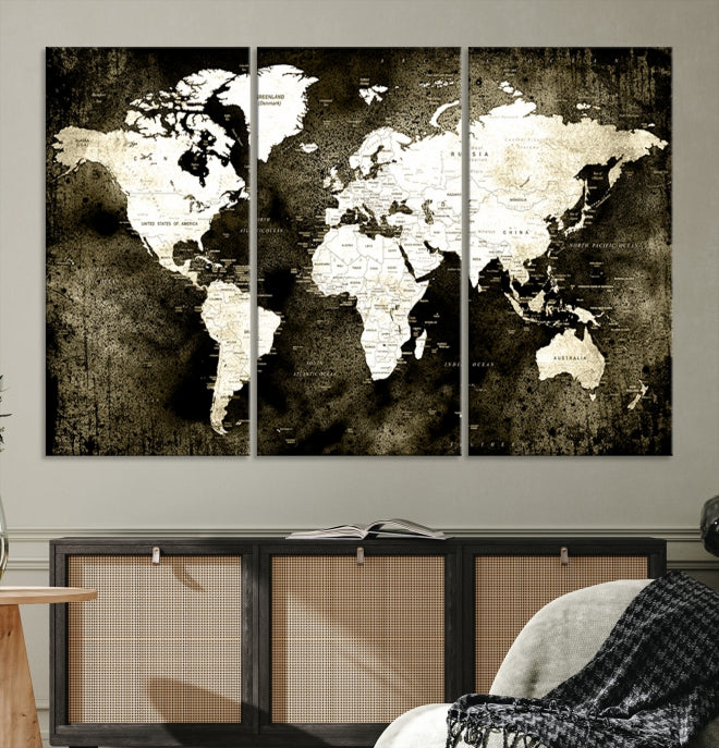 Stained Old Stye World Map Push Pin Travel Map Canvas Wall Art Print