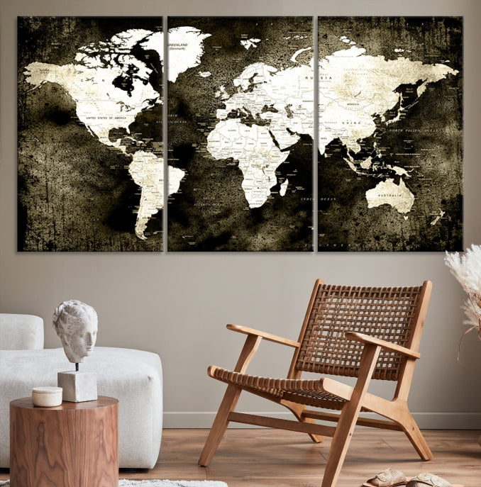 Stained Old Stye World Map Push Pin Travel Map Canvas Wall Art Print