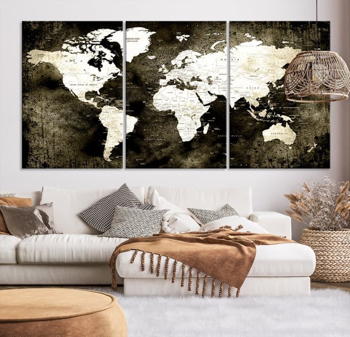 Stained Old Stye World Map Push Pin Travel Map Canvas Wall Art Print