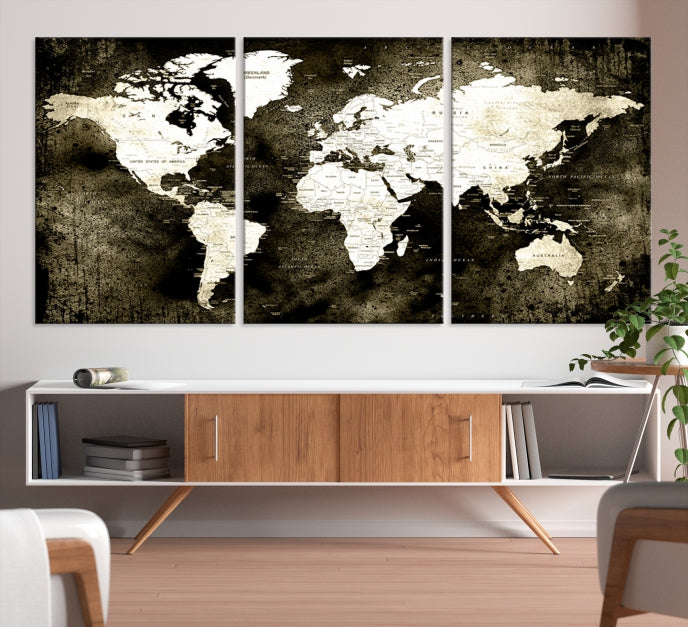 Stained Old Stye World Map Push Pin Travel Map Canvas Wall Art Print