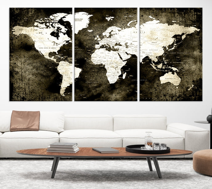 Stained Old Stye World Map Push Pin Travel Map Canvas Wall Art Print