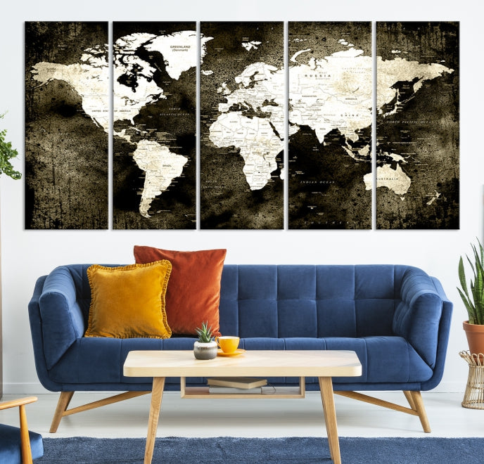 Stained Old Stye World Map Push Pin Travel Map Canvas Wall Art Print