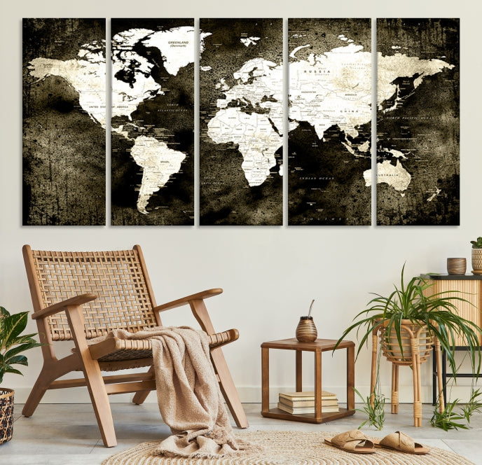 Stained Old Stye World Map Push Pin Travel Map Canvas Wall Art Print