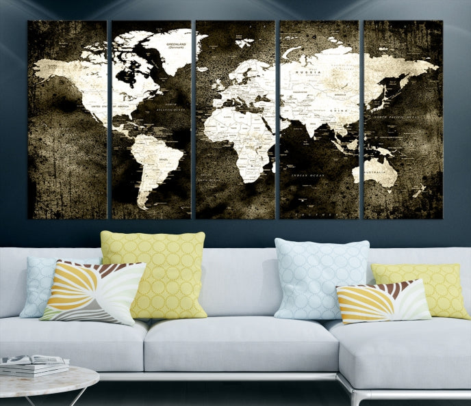 Stained Old Stye World Map Push Pin Travel Map Canvas Wall Art Print