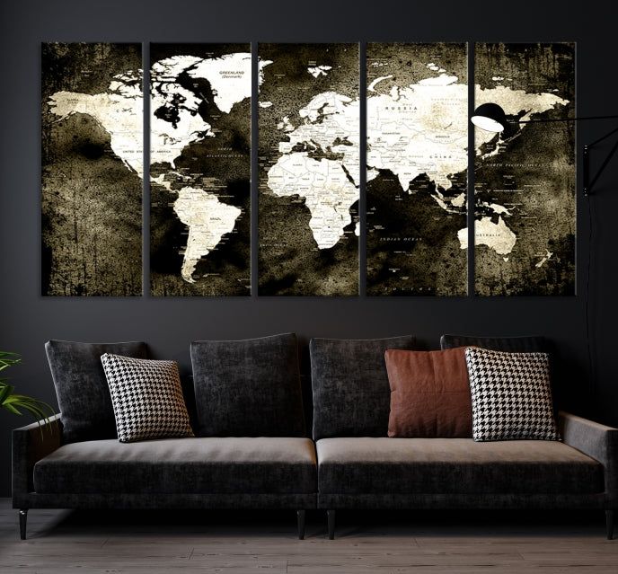 Stained Old Stye World Map Push Pin Travel Map Canvas Wall Art Print