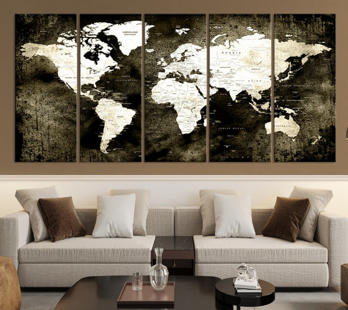 Stained Old Stye World Map Push Pin Travel Map Canvas Wall Art Print