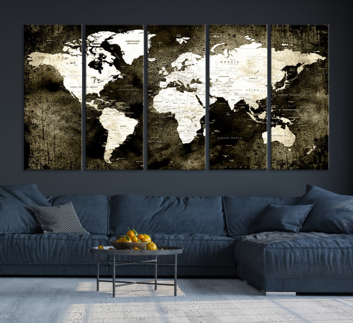 Stained Old Stye World Map Push Pin Travel Map Canvas Wall Art Print