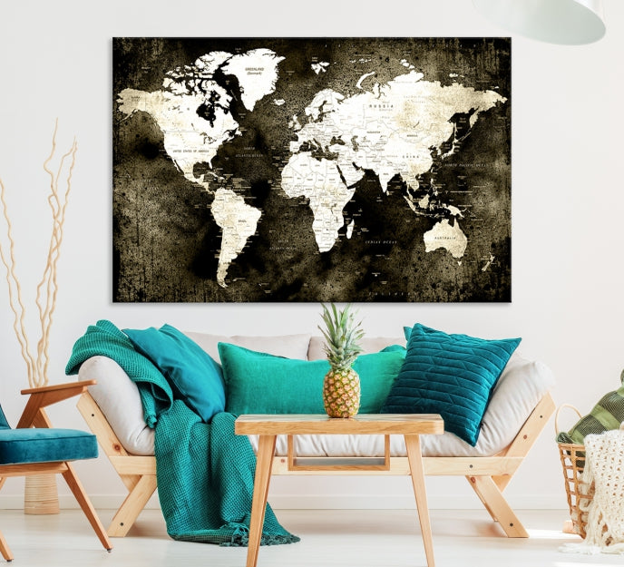 Stained Old Stye World Map Push Pin Travel Map Canvas Wall Art Print