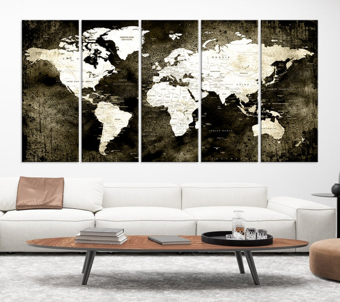 Stained Old Stye World Map Push Pin Travel Map Canvas Wall Art Print