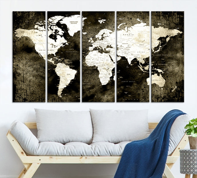 Stained Old Stye World Map Push Pin Travel Map Canvas Wall Art Print