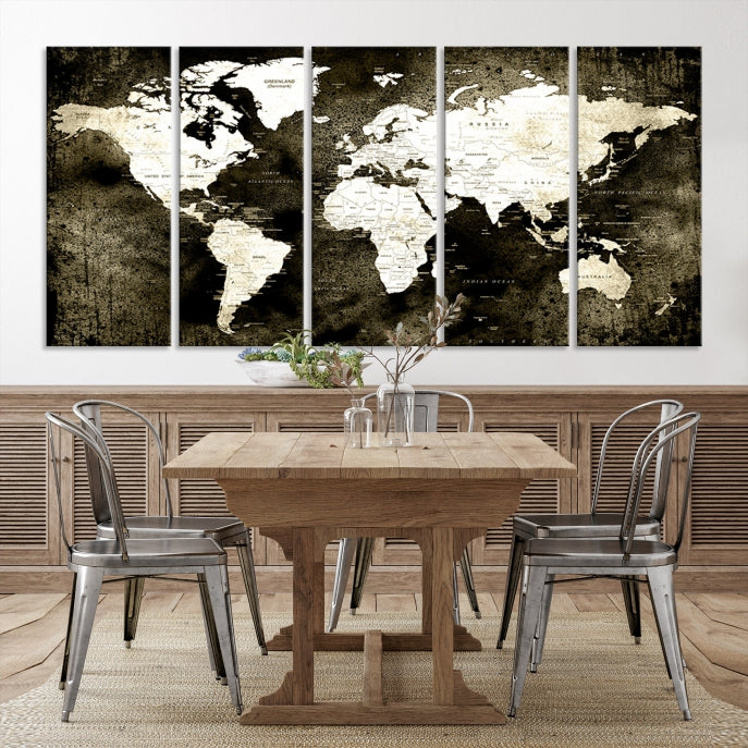 Stained Old Stye World Map Push Pin Travel Map Canvas Wall Art Print