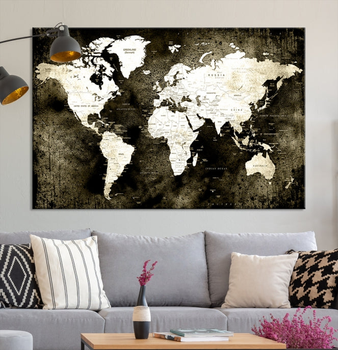 Stained Old Stye World Map Push Pin Travel Map Canvas Wall Art Print