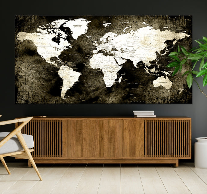 Stained Old Stye World Map Push Pin Travel Map Canvas Wall Art Print