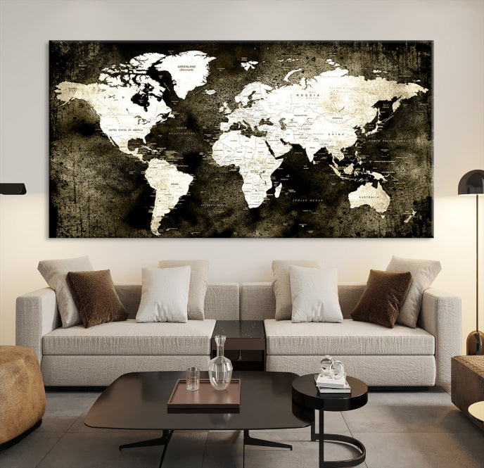 Stained Old Stye World Map Push Pin Travel Map Canvas Wall Art Print