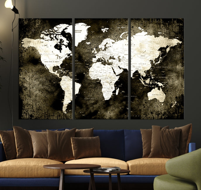 Stained Old Stye World Map Push Pin Travel Map Canvas Wall Art Print