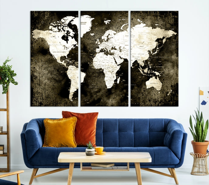 Stained Old Stye World Map Push Pin Travel Map Canvas Wall Art Print