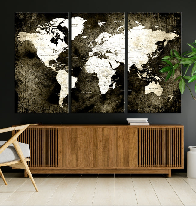 Stained Old Stye World Map Push Pin Travel Map Canvas Wall Art Print