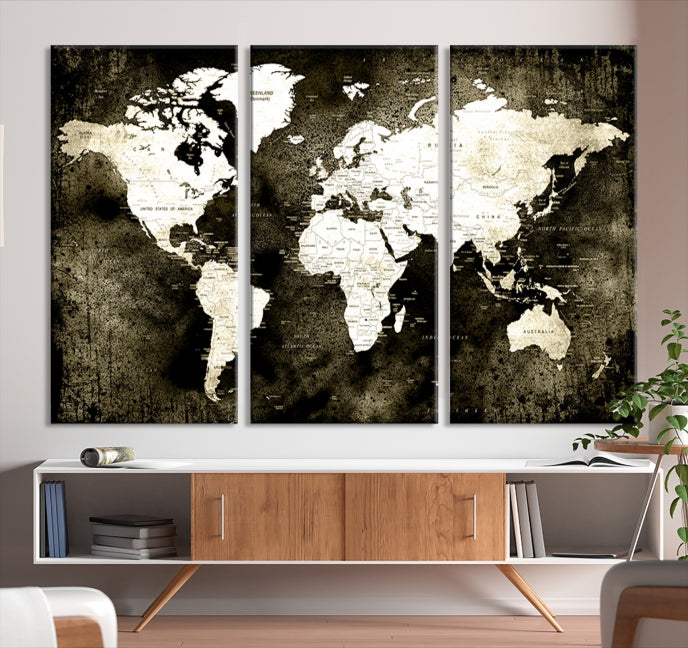 Stained Old Stye World Map Push Pin Travel Map Canvas Wall Art Print