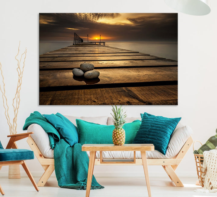 Stones on Wooden Pier at Sunset Large Canvas Wall Art Giclee Print