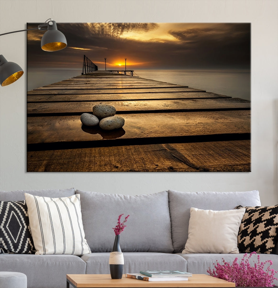 Stones on Wooden Pier at Sunset Large Canvas Wall Art Giclee Print