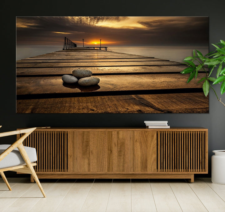 Stones on Wooden Pier at Sunset Large Canvas Wall Art Giclee Print