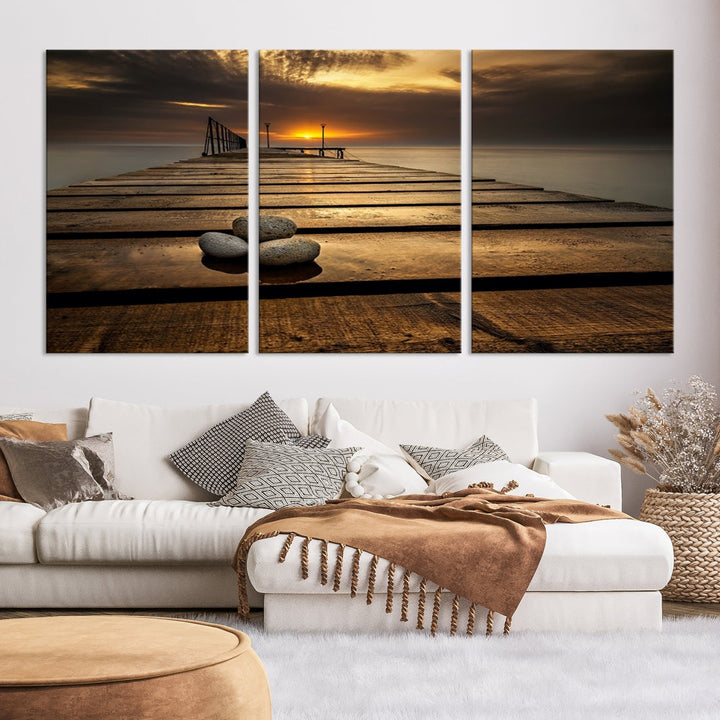 Stones on Wooden Pier at Sunset Large Canvas Wall Art Giclee Print